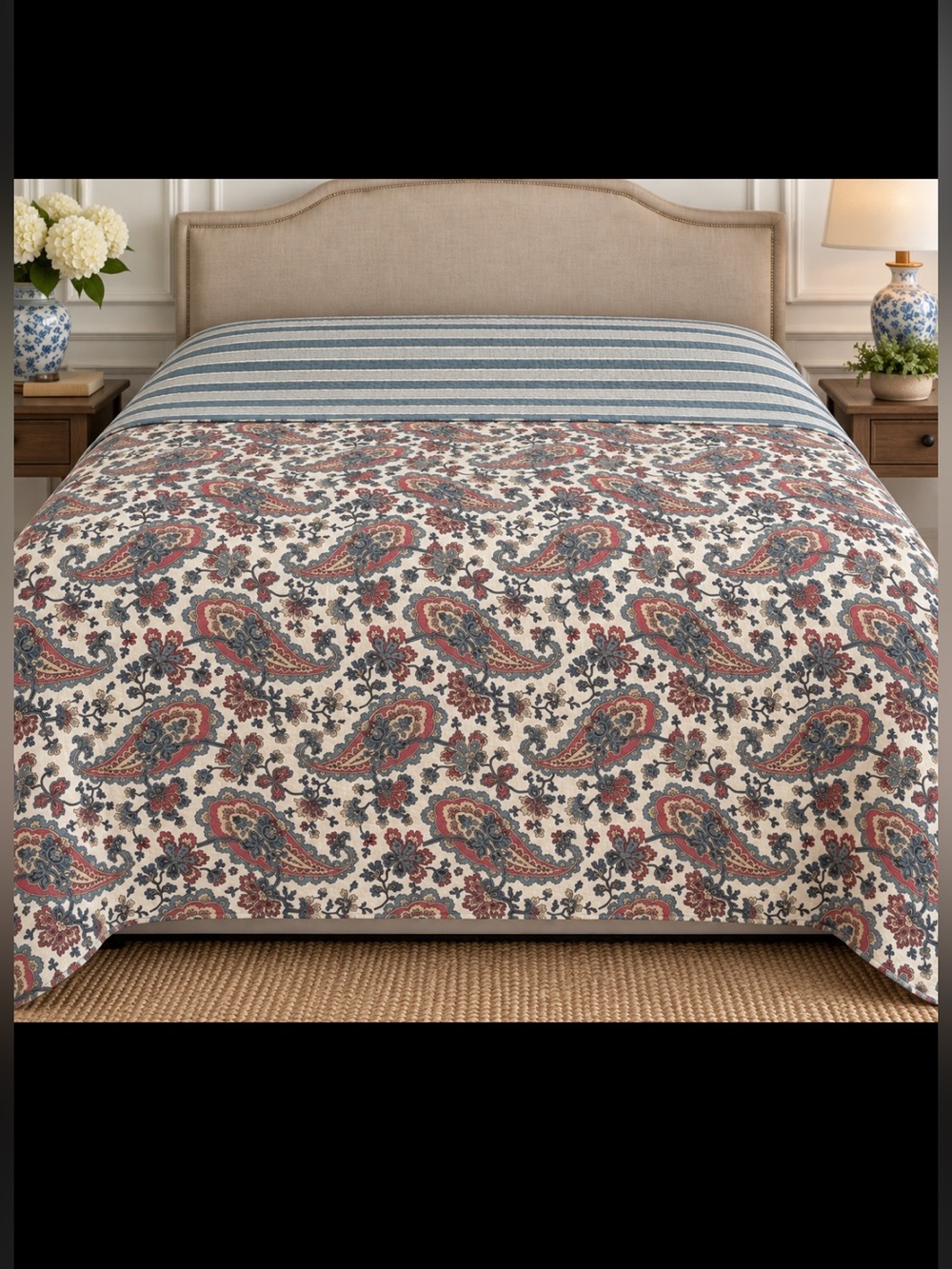 Ralph Lauren Fenton Quilt Queen Reversible Blue Stripe Red Paisley CottageCore